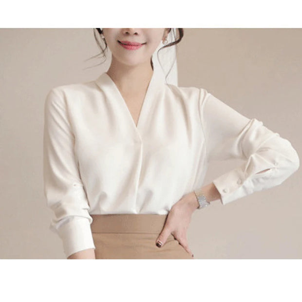 Women Shirts Long Sleeve Solid White Chiffon Blouse